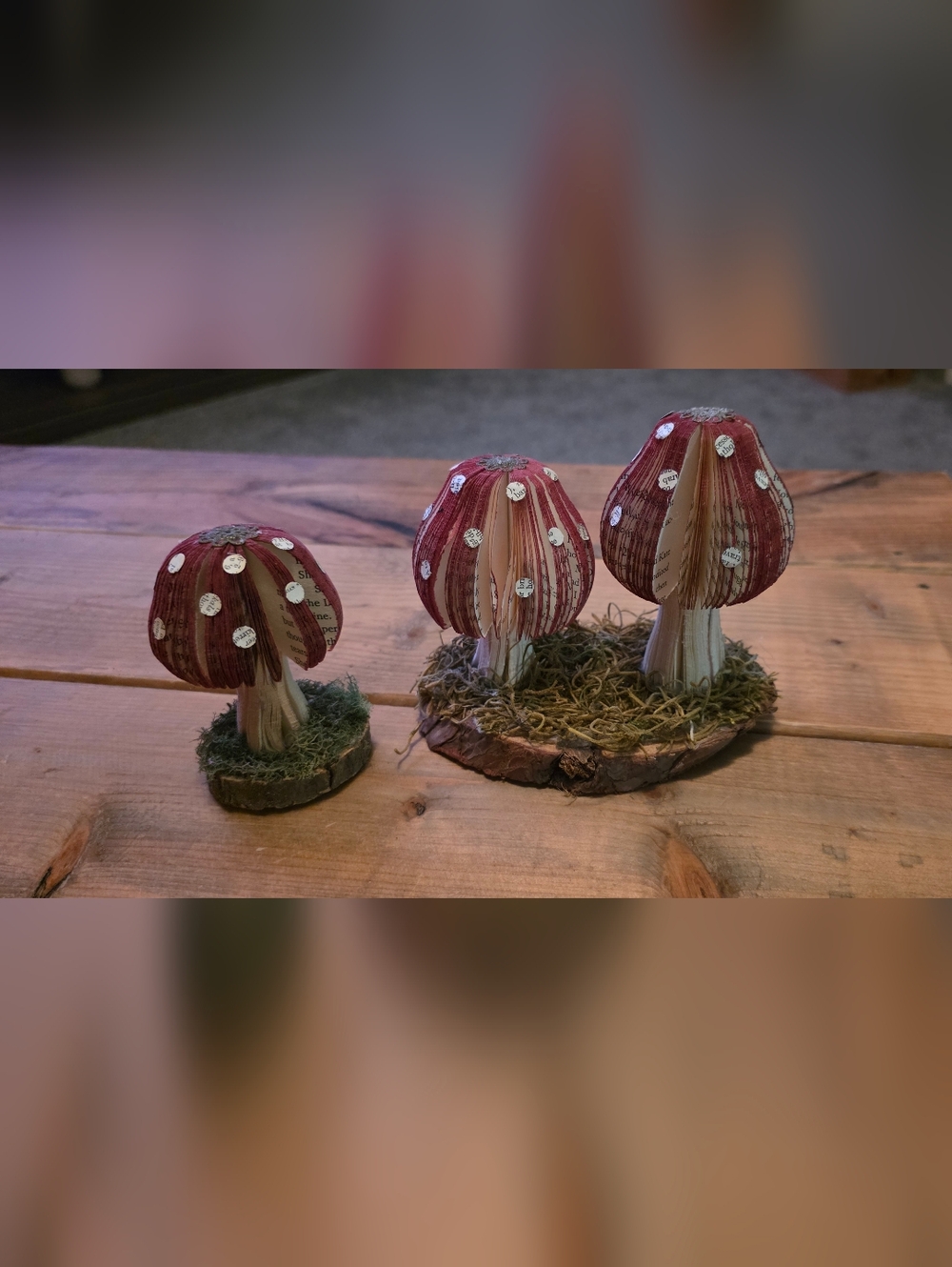 Handmade Book Page Mushroom Pair - Red and Cream